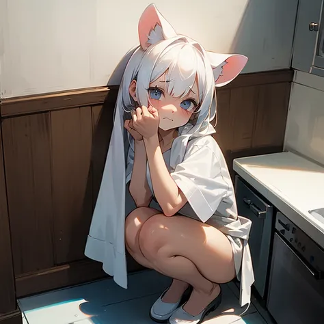 A girl with white hair and white mouse ears was squatting in the corner of the kitchen wearing only a towel, his face was scared, sad, and confused 