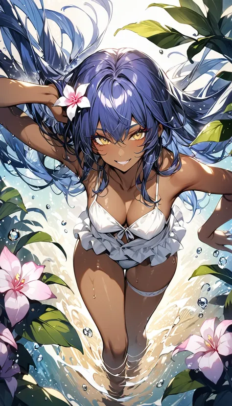 Highest quality　masterpiece　High resolution　masterpiece　whole body　Medium dark blue hair　Dark Skin　Gal Makeup　smile　Summer Flash　flower　water droplets