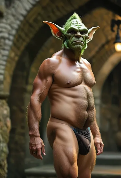 goblin,hairy, speedo, prominent belly, bulged belly, swollen belly, muscular, tall, pointed ears