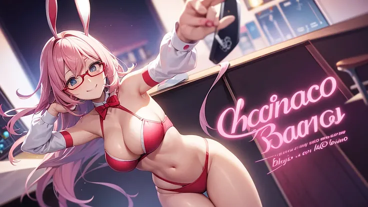 solo,whole body,Standing position right,Light pink hair,Bob Hair,Red Glasses,Bunny girl,casino,smile,Big Breasts,cute,