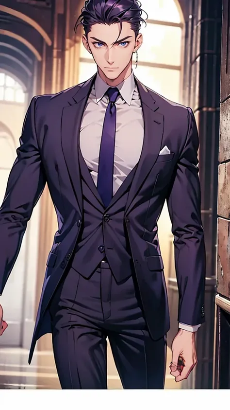 Male, blue eyes, purple slicked back hair, navy blue checkered suit, thin eyebrows, slim body, upper body