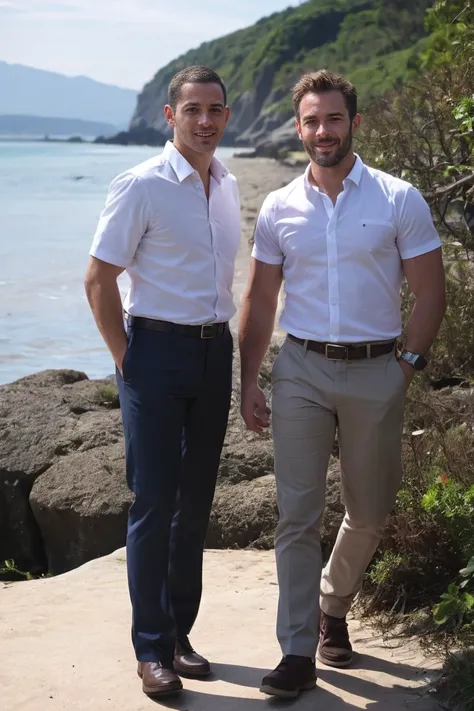 wide shot, realistic , handsome men ,beach