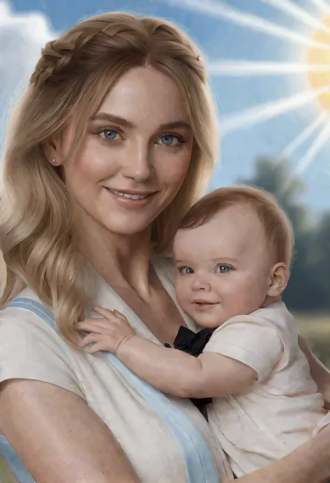 A mother holding her baby in her arms, A mother looking at her baby with a smile. blonde wavy long hair. attractive blue eyes. He set up a tie on the ground. sat down. baby next to you. They look at each other smilingly. The suns rays illuminate the inside...