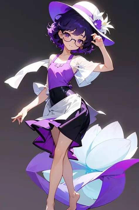 one girl, short very curly purple hair with dark purple strand, glasses, two-piece black and white color  flower theme simple swim outfit, simple detaled, lovable, no background, dynamic cute pose,, full body ,detaled feet,short blouse  flowers,art, long a...