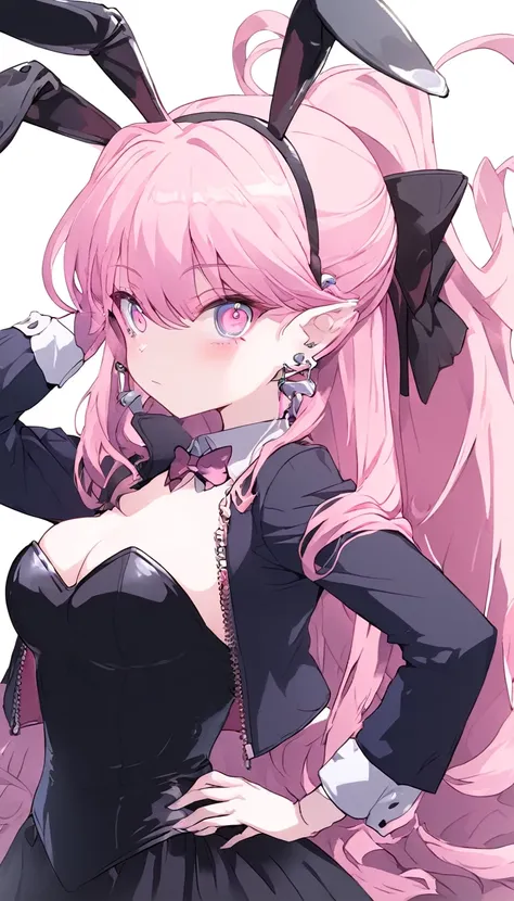 an anime style female character with black clothing and large eyes posed and posing, solo, animal ears, hands on hips, long hair, rabbit ears, 1girl, pink hair, fake animal ears, earrings, cropped jacket, jewelry, very long hair, pink eyes, bow, playboy bu...