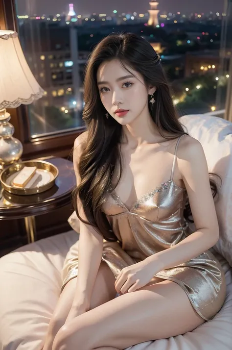 ((best quality)), ((ultra detailed)), ((masterpiece)), illustration,((a beautiful girl,solo)),((slim,thin)),((small breasts,flat chest)),((glamorous nightgown)),((sitting on bed)),((in luxurious hotel bedroom)), ((Canton Tower outside window)), ((summer ni...