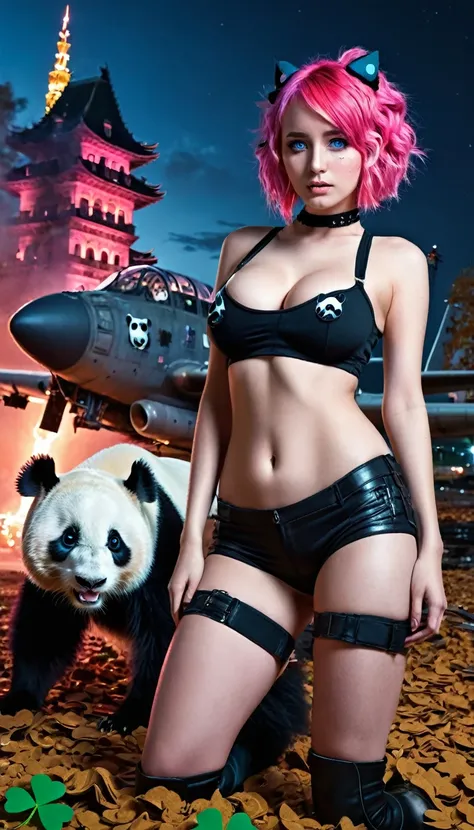 hot girl, czech girl, big breast, clover nipples, war, between building, night view ultra hd, ultra detail, full body, collapse building, alien plane, body detail, ultra hd, blue eyes, leaves, fire, panda, horse, pink hair