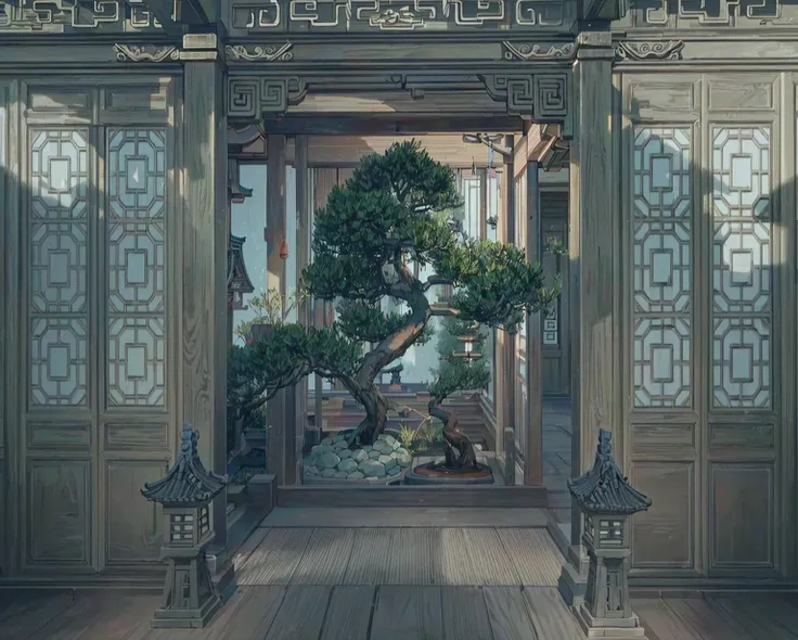 there is a bonsai tree in the middle of the room, cyberpunk japanese temple, cyberpunk chinese ancient castle, beautiful renderi...