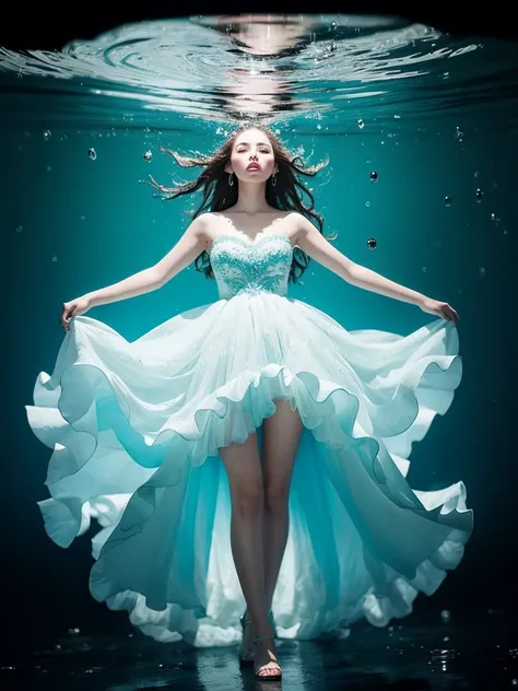 Young woman wearing a dress entirely made of transparent flowing water. Fluid, cascading gown with dynamic water movement. creating a mesmerizing blend of flowing liquid and delicate bubble structures. Dynamic poses, dancing, Shimmering, iridescent water s...