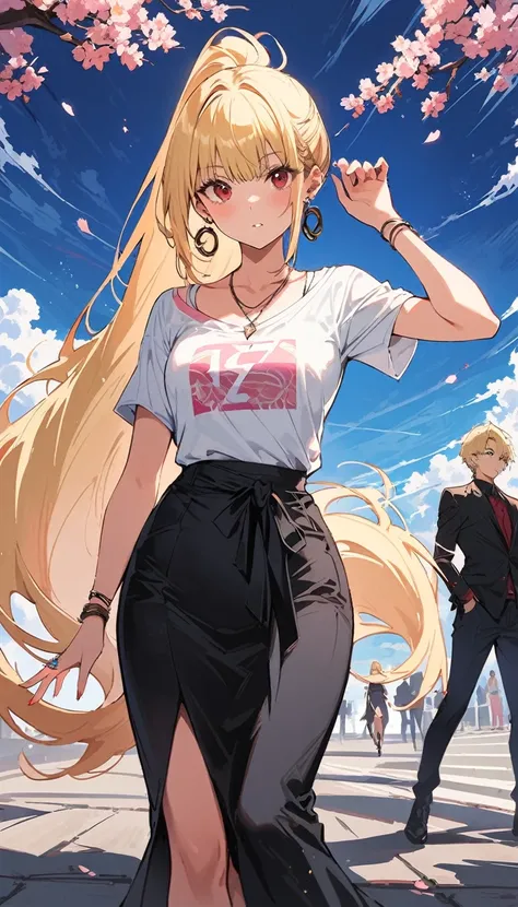 masterpiece, best quality, whole body, A girl, Long blond hair，blue eyes, black necklace, blush, bracelet, Chest, necklace, clothes surrounding area waist, clavicle, Cowboy shooting, ear Earrings, Eyebrows visible through hair, fix, Jewelry, someone, Long ...