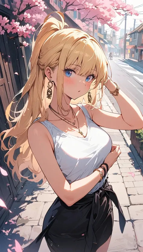 masterpiece, best quality, whole body, a girl, long blond hair，blue eyes, black necklace, blush, bracelet, chest, necklace, clot...