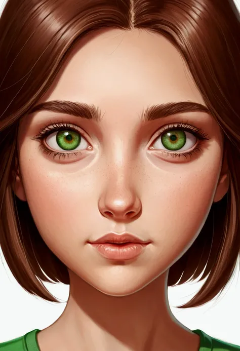 Draw me in a cartoon style a girl with green eyes and brown hair all the way that you can see her from the feet to the head, she is a character for a cartoon series