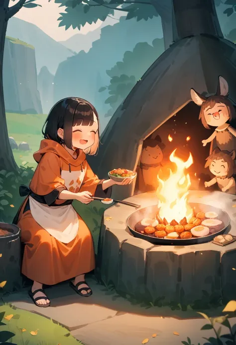 masterpiece, Highest quality, so beautiful, Absurd, up to date, One girl, Asymmetrical bangs, puppet, One girl, alone, Stone Age Feast, 5000 years ago, Large open area, nature, Primitive shelter, Trees and leaves, Animal skin clothing, central fire, cookin...