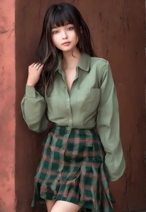 very beautiful girl, American Chinese, with bangs, long hair, 19 years, dull and tense look; Classic button-down shirt with turn-down collar and long sleeves, dark green plaid shirt, long shirt, has a loose fit and a chest pocket on the left side; черная l...