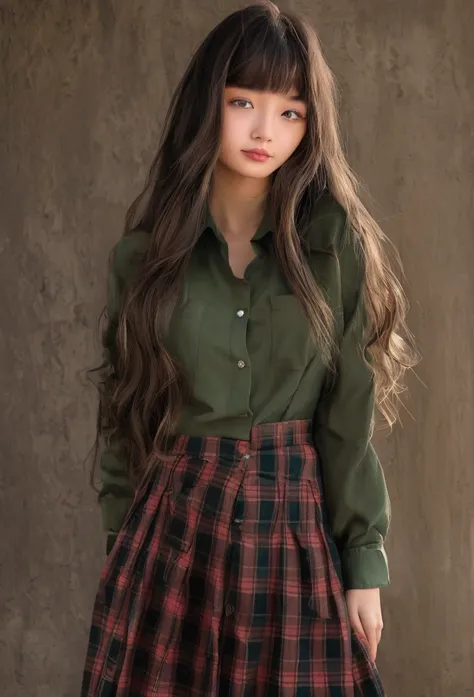 very beautiful girl, American Chinese, with bangs, long hair, 19 years, dull and tense look; Classic button-down shirt with turn-down collar and long sleeves, dark green plaid shirt, long shirt, has a loose fit and a chest pocket on the left side; черная l...