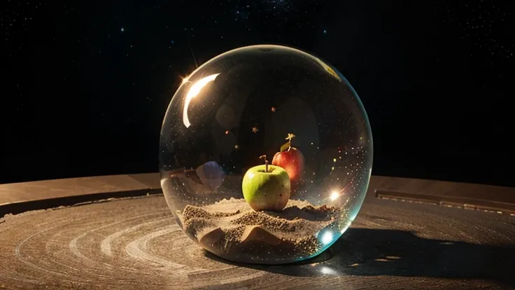 A transparent apple-shaped universe，The surface is covered with stars。There are many people scattered on the surface of the Apple universe，Open your mouth and bite the apple universe under you