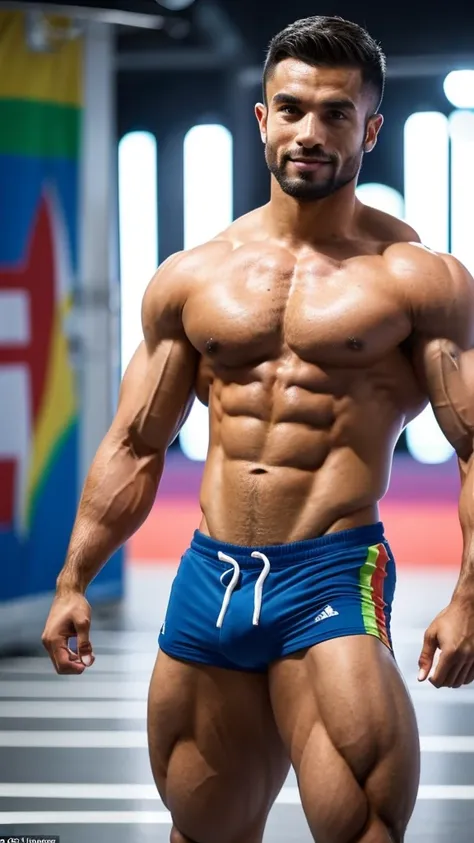 Muscular male bodybuilder teeneger Brazilian in the Paris 2024 Olympics, for muscular men, tight super thin waist, on steroids 