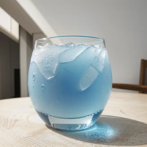 high quality photo of a nice blue mocktail on a glass, on a nice round white table.