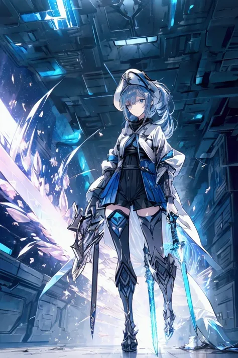  A badass tall woman, (A female commander), ((a leader of a fleet of armies)), White high ponytail with a glowing light blue highlights at the ends, Wielding a sword with deep blue aura, the mystical blade in her hand emitting a bright contrast blue light ...