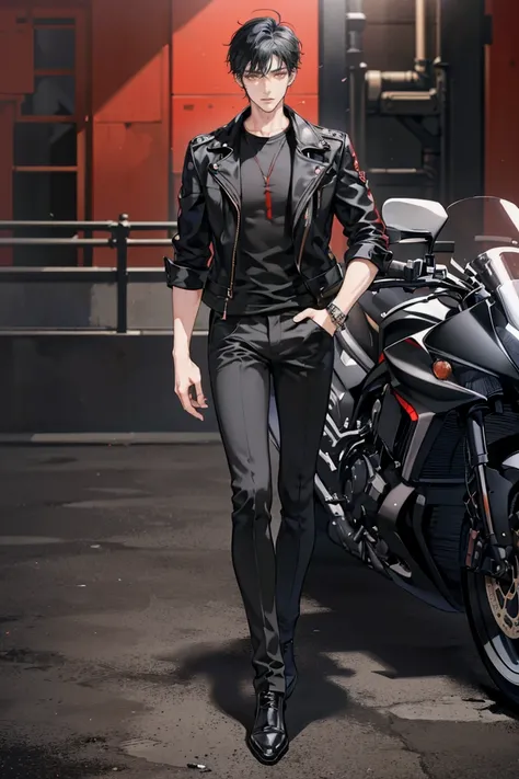 (masterpiece), best quality, seductive eyes, perfect face, handsome man, red eyes, short messy black hair, long nose, plain black t-shirt, black fitted pants, black leather jacket, full body, extremely tall man, long legs, long calves, anime cover, 1boy, e...