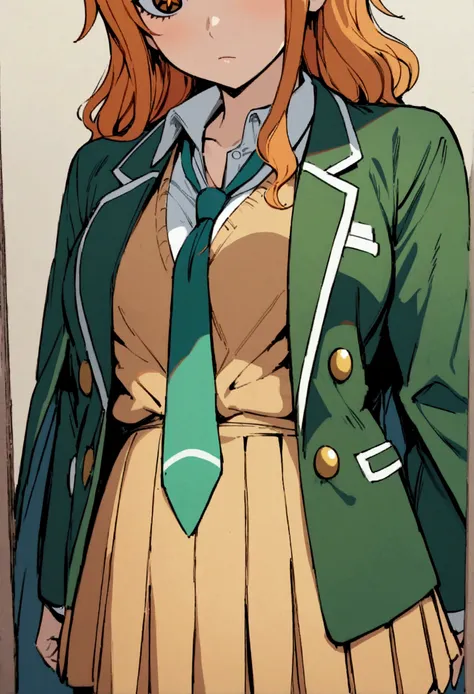 masterpiece, best quality, 1girl, solo, nami one piece, cross-shaped pupils, , green tie, blazer, pleated skirt, green cape, standing  