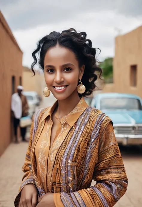 Pretty black woman with brownish blue eyes with medium brown skin wearing dirac(Somali clothes) with a pretty happy neutral expression 