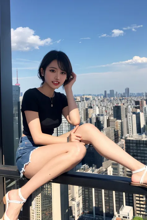 Tokyo cityscape、She tilted her head a little.、Blushing、Smiling and playful expression。I can see the deep blue sky、The atmosphere is bright and lively、The woman is in the center of the image。Cafe、Best Beautiful Legs、Let&#39;s get closer and take a photo、Clo...