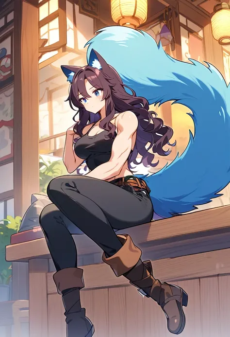 girl,beautiful,Wavy Hair,Muscular,Big tail,pants,Animal ears, 