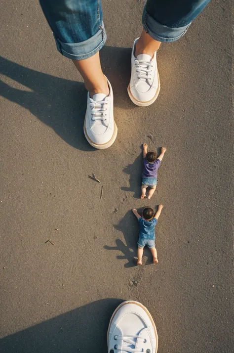 girl stepping on mini people under her sole,Pov,perspective from below,looking down