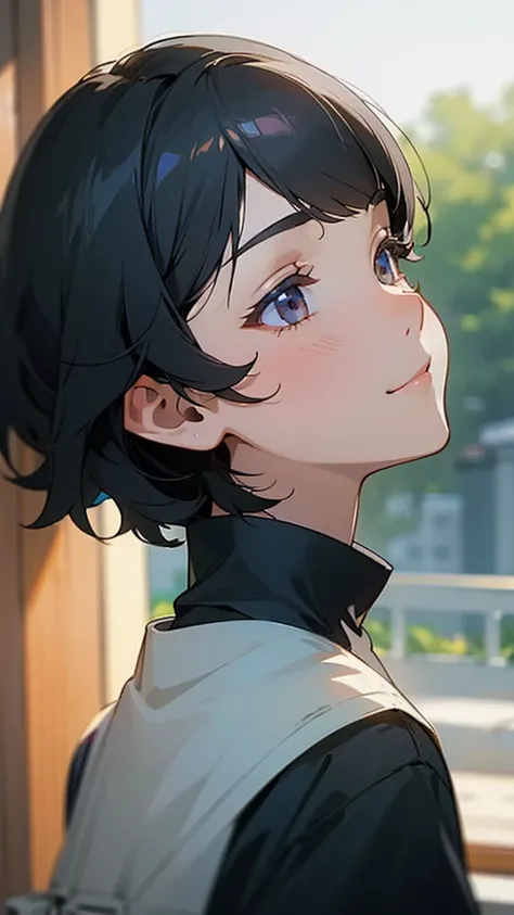 １girl、Shiny black hair、Short Bob Cut、calm and calm look、smile、profile、Face close-up、Morning Cafe Terrace、Background blur, Written boundary depth