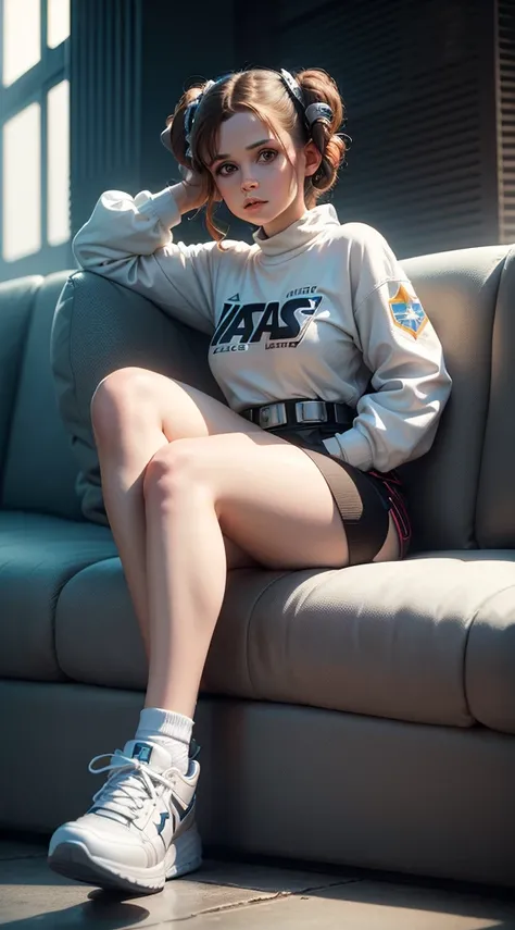 Star wars, Lukasfilm, Princess Leia Advertises Star Wars White High Top Designer Sneakers, hyper realisitc, Sits, Professional shooting, young Carrie Frances Fisher 25 years old. ultradetail