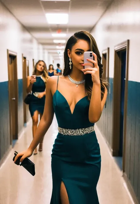 prom night party girl, selfie, school corridor, 2020, instagram, photo, dressed, photo, dark
