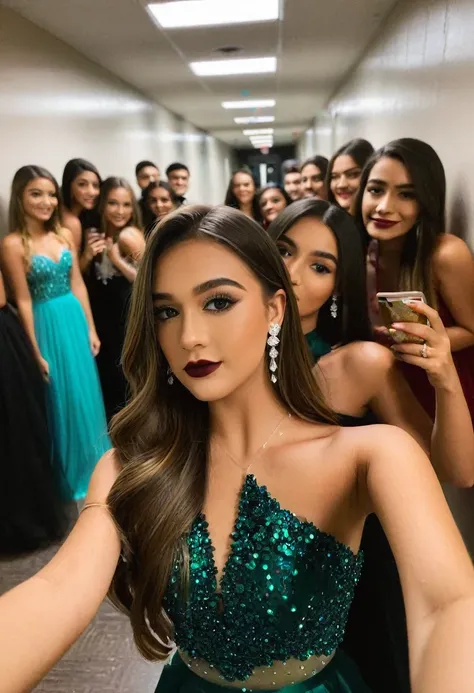 prom night party girl, selfie, school corridor, 2020, instagram, photo, dressed, photo, dark