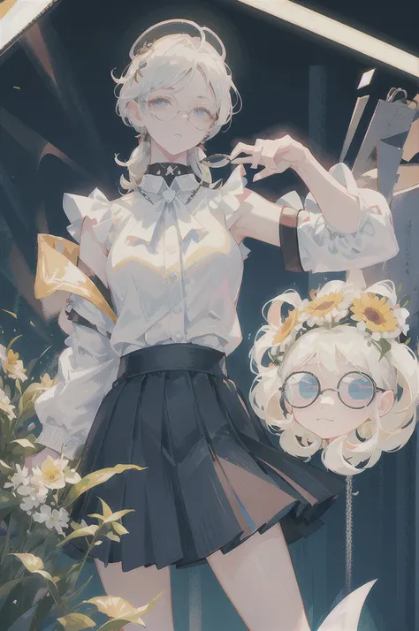 best quality, ultra high res, (photorealistic:1.4), 1woman, sleeveless white button shirt, black skirt, black choker, ((glasses)), (Kpop idol), (aegyo sal:1), (platinum blonde grey hair:1), ((puffy eyes)), looking at viewer, full body, flowers