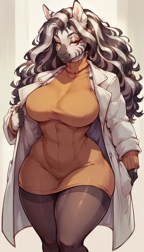  female anthro zebra ,Brown long fluffy hair, fluffy hair, zebra, (big breasts:1.3), attractive, sweater dress, sleeveless, lab coat, bare legs, pantyhose, tights, thicc body, thicc body, thicc, freckles, freckles on face, neutral expression, smug eyes, sh...