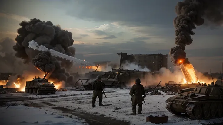 An intense scene from the Battle of Stalingrad during World War II. Soviet soldiers in winter uniforms, armed with rifles and machine guns, defend the ruins of a destroyed building, while tanks and artillery bombard the city in the background. Snow covers ...