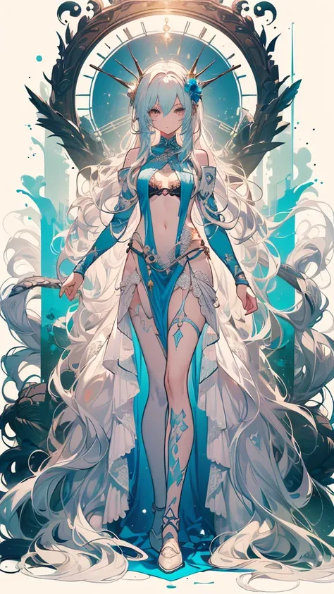 ((masterpiece, best quality)), Delicate face，Snake Woman，Full body painting，Perfect body proportions，Long legs，((Long wavy hair)), ((Half of her hair is white，The other half is cyan，Available in two colors))，beautiful eyes，Fantasy style，White background，tr...