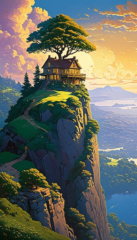 High quality, 8k Ultra HD. painting of a house with a tree on a cliff above the golden clouds, Kilian Eng y Thomas Kinkade, Rob Gonsalves y Tim White., silvain sarriel, Rhads y Thomas Kinkade, inspired by RHADS, Cyril Rolando and M.w kalut, Cyril Rolando a...