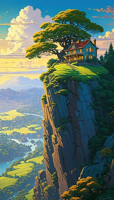 High quality, 8k Ultra HD. painting of a house with a tree on a cliff above the golden clouds, Kilian Eng y Thomas Kinkade, Rob Gonsalves y Tim White., silvain sarriel, Rhads y Thomas Kinkade, inspired by RHADS, Cyril Rolando and M.w kalut, Cyril Rolando a...