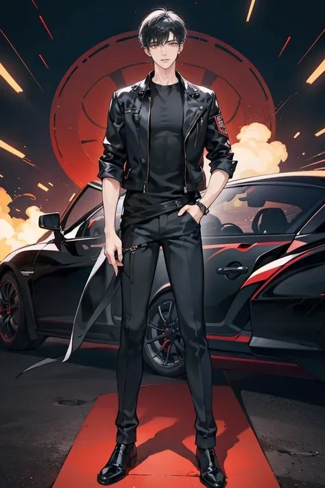 (masterpiece), best quality, seductive eyes, perfect face, handsome man, red eyes, short messy black hair, long nose, plain black t-shirt, black fitted pants, black leather jacket, full body, extremely tall man, long legs, long calves, anime cover, 1boy, e...