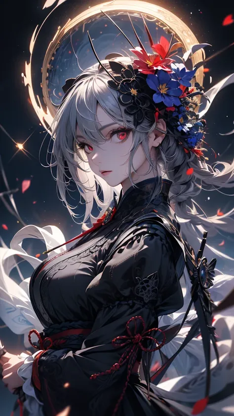 masterpiece, high quality, 4K, Beautiful design, silhouette，Gray Hair， 非常に詳細な夜のStarry Sky,Flower Field， wonderful, Finer details,  Very knowledgeable woman, Highly detailed solo, 1 female,Red eyes，Big Breasts，Gothic Lolita Fashion，Night view，Starry Sky，ful...