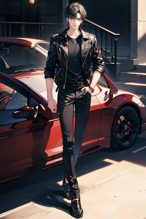 (masterpiece), best quality, seductive eyes, perfect face, handsome man, red eyes, short messy black hair, long nose, plain black t-shirt, black fitted pants, black leather jacket, full body, extremely tall man, long legs, long calves, anime cover, 1boy, e...