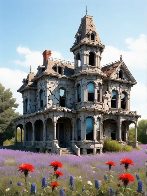 an abandoned victorian mansion, with firecrackers scaling its ruined walls made of crazy rubble and wildflowers blooming through...