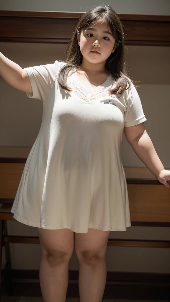 a 10 year old obese girl, chubby cheeks, round face, double chin, thick arms and legs, wearing a , standing in a school setting, realistic, detailed, highly detailed, intricate details, photorealistic, 8k, masterpiece, cinematic lighting, dramatic shadows,...