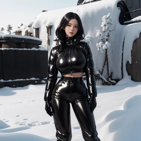 (photorealistic), (beautiful girl), snowy ground at sunny noon, anatomically correct, voluptuous body, slightly parted lips, eyes on the camera, big breast, slim waist, big hip, black long wavy bob with side part, (shiny metallic Moncler jacket in black), ...