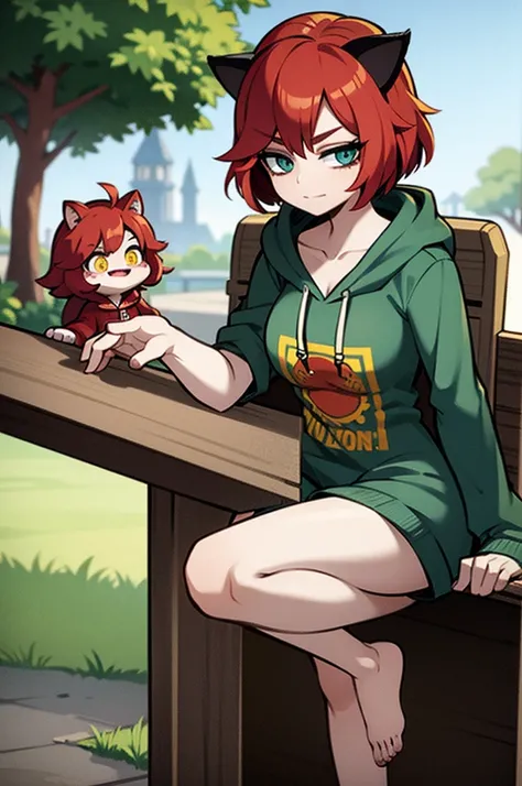 A character with bob hair, red hair and cat ears　Red Tail　B Cup　Blue-green eyes　Brown hoodie　Thighs　Tree Eyes　C-shaped eyebrow