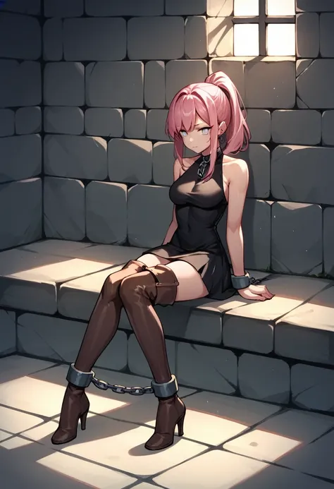 score_9, score_8_up, score_7_up, score_6_up, score_5_up, score_4_up, source_anime, 1girl, sit, pink hair, ponytail, white eyes, w-w-chain, shackles, shackle your hands, full body, black dress, skirt, brown thigh high boots, heels, dungeon, best quality, be...