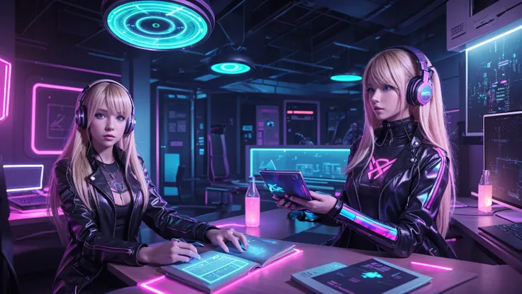 "A blonde cyberpunk woman is sitting at a study table in a futuristic room with neon pink lights. She wears technological clothes with neon details and has large, modern headphones. Around her are holograms and advanced electronic devices. The environment ...