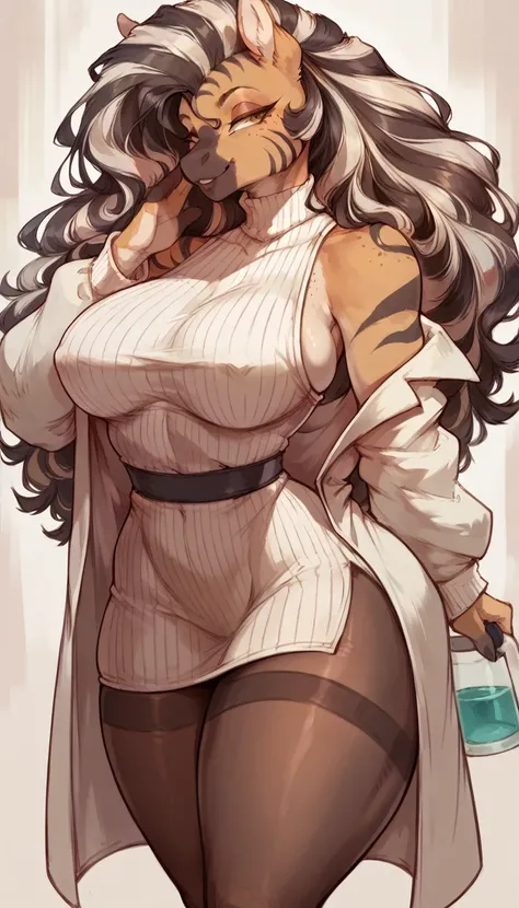  female anthro zebra ,Brown long fluffy hair, fluffy hair, zebra, (big breasts:1.5), attractive, sweater dress, sleeveless, lab coat, bare legs, pantyhose, tights, thicc body, thicc body, thicc, freckles, freckles on face, neutral expression, smug eyes, sh...