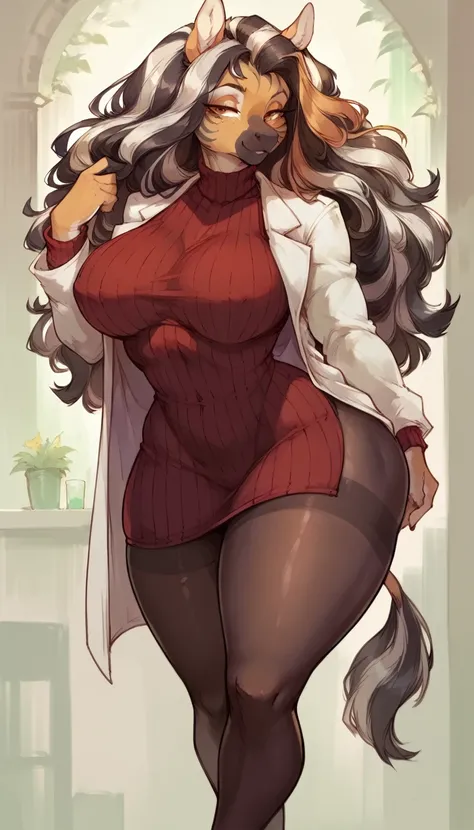  female anthro zebra ,Brown long fluffy hair, fluffy hair, zebra, (big breasts:1.5), attractive, sweater dress, sleeveless, lab coat, bare legs, pantyhose, tights, thicc body, thicc body, thicc, freckles, freckles on face, neutral expression, smug eyes, sh...